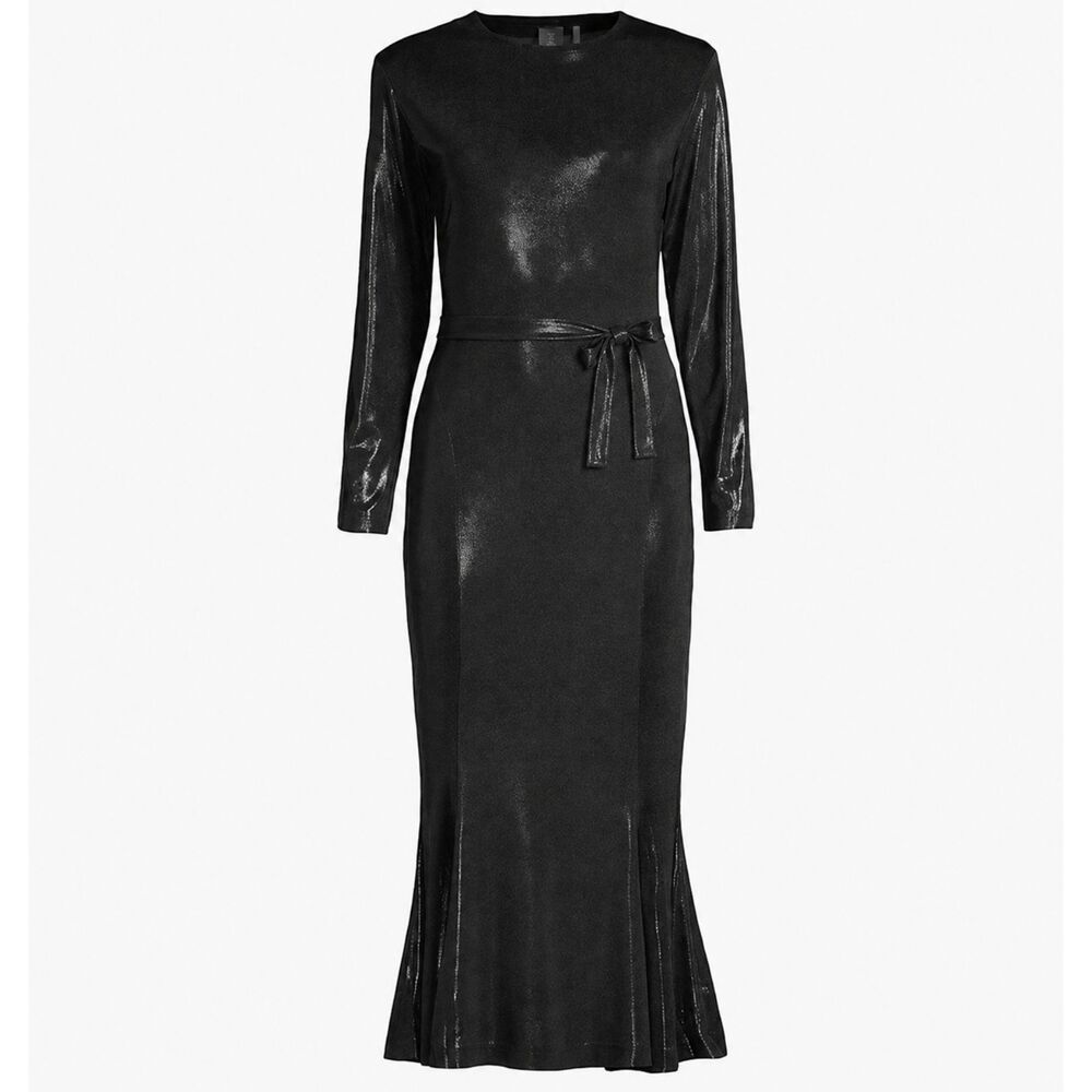 Norma Kamali Long Sleeve Crew Midi Fishtail Metallic Black Belted Dress Large